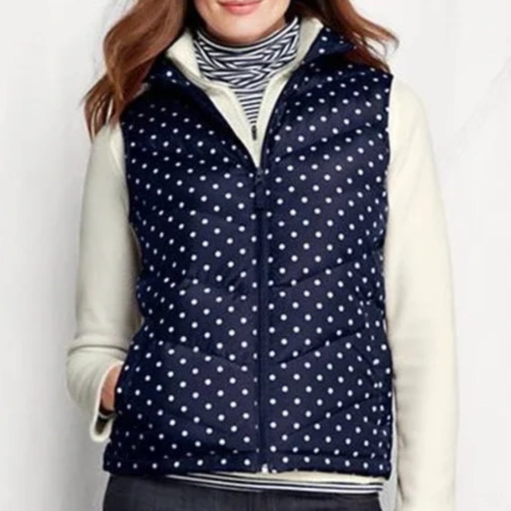 Lands End Women XS Navy Blue Polka Dot Classic Preppy Full Zip Down Puffer Vest